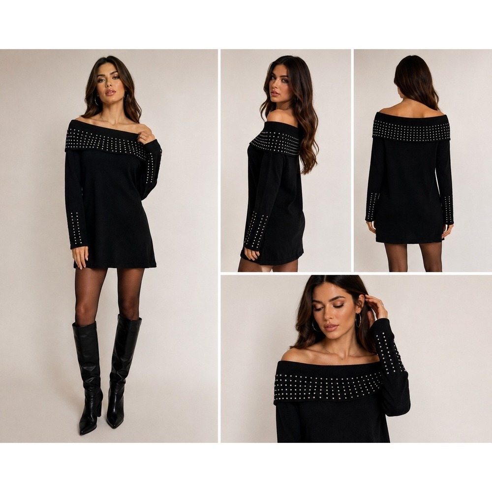 Questions Tunic Dress Womens L Black Studded Off Shoulder Knit Y2K Mini Dress